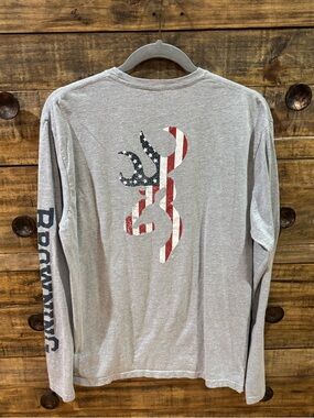 Browning Men's Long Sleeve Shirt with American Flag Buckmark - Light Gray